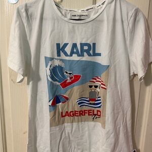 Karl Lagerfeld White Graphic Beach Tee with Blue and Red Print